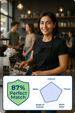 Barista in cafe; radar chart shows 87% match for business for sale