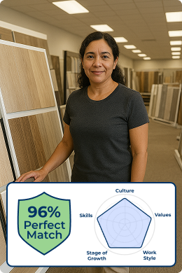Woman by wooden panels; 96% match for flooring business for sale
